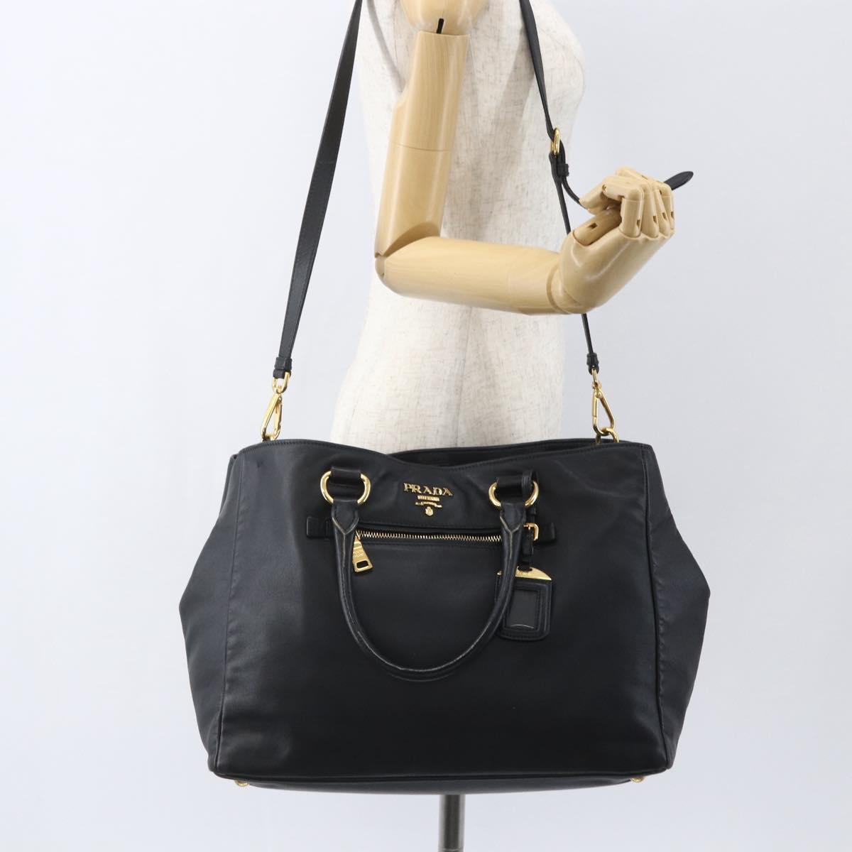 PRADA Hand Bag Leather 2way Black Gold Auth yk19782