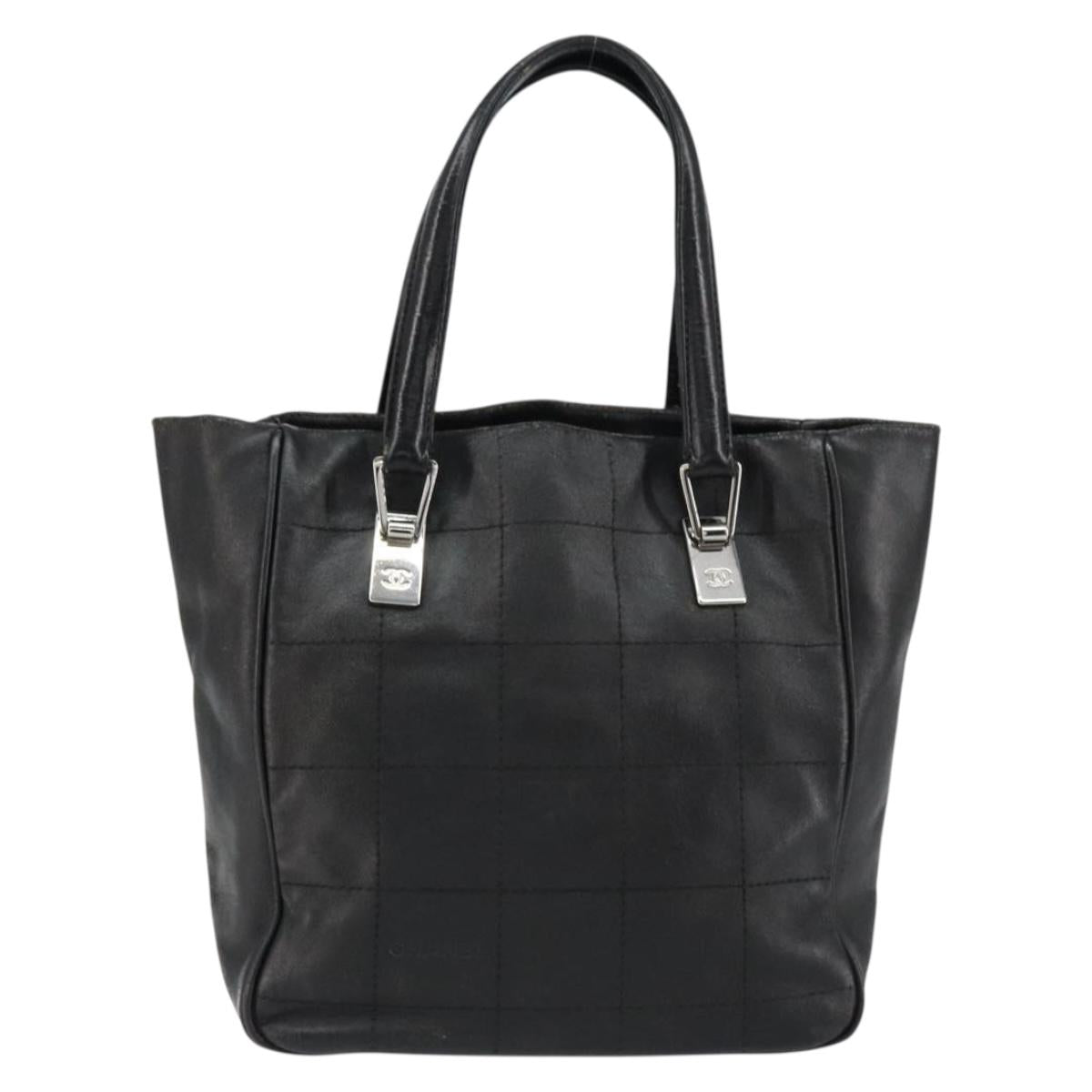 CHANEL Choco Bar Hand Bag Leather Black Silver CC Auth yk19815