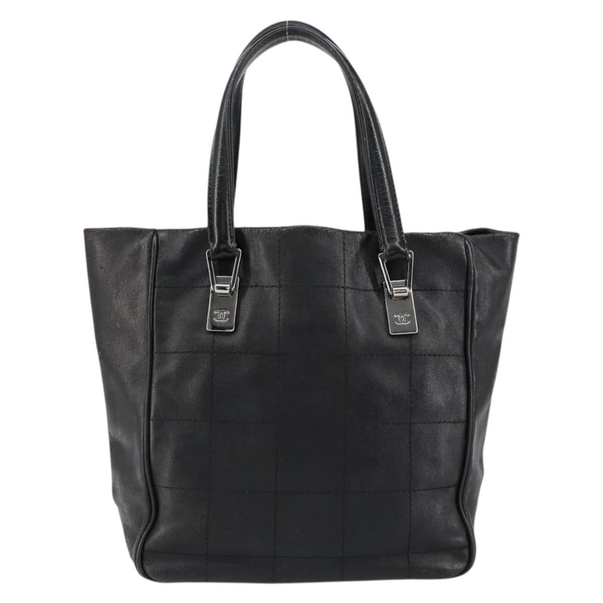 CHANEL Choco Bar Hand Bag Leather Black Silver CC Auth yk19815