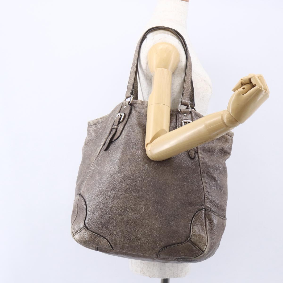 PRADA Tote Bag Leather Beige Silver Auth yk19816