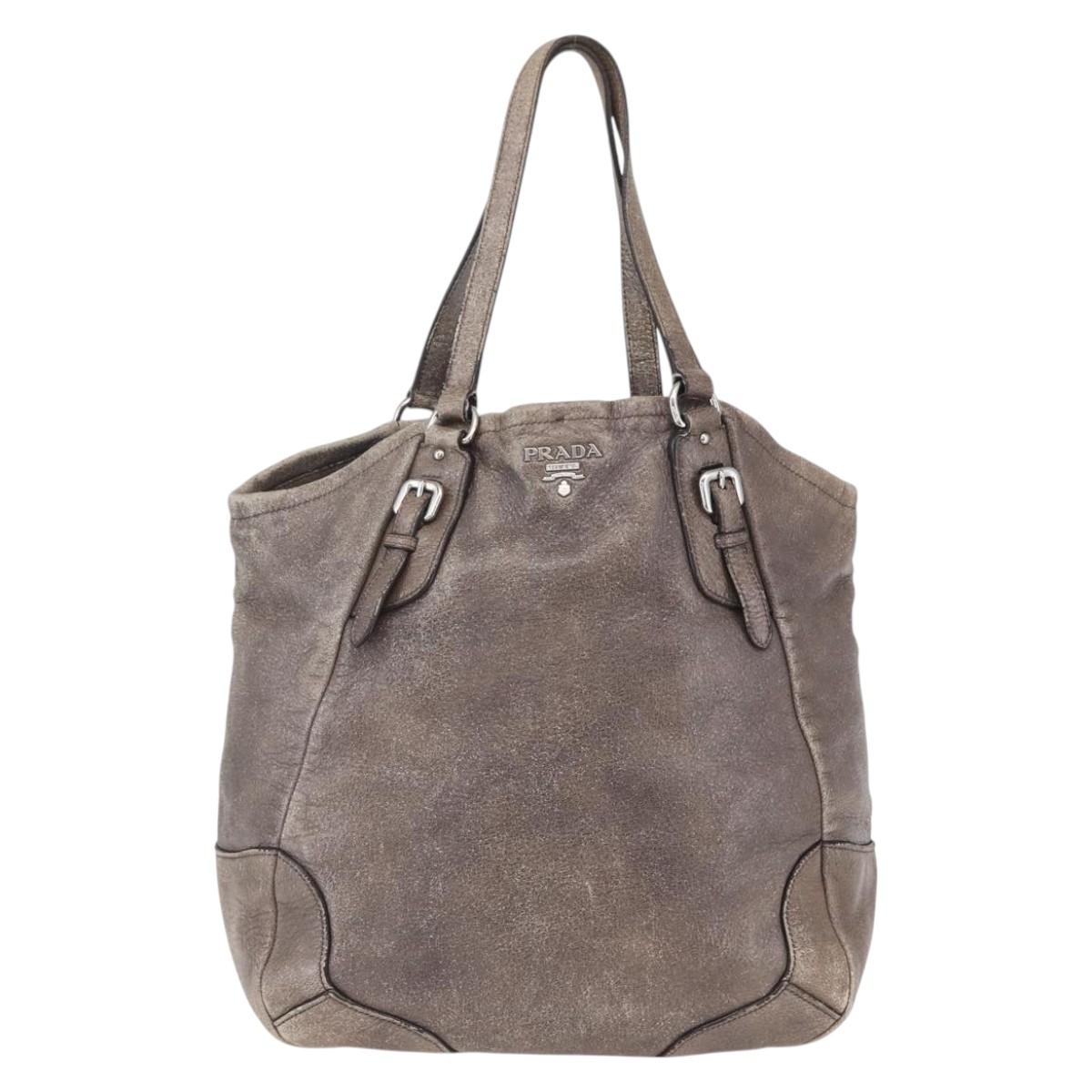 PRADA Tote Bag Leather Beige Silver Auth yk19816