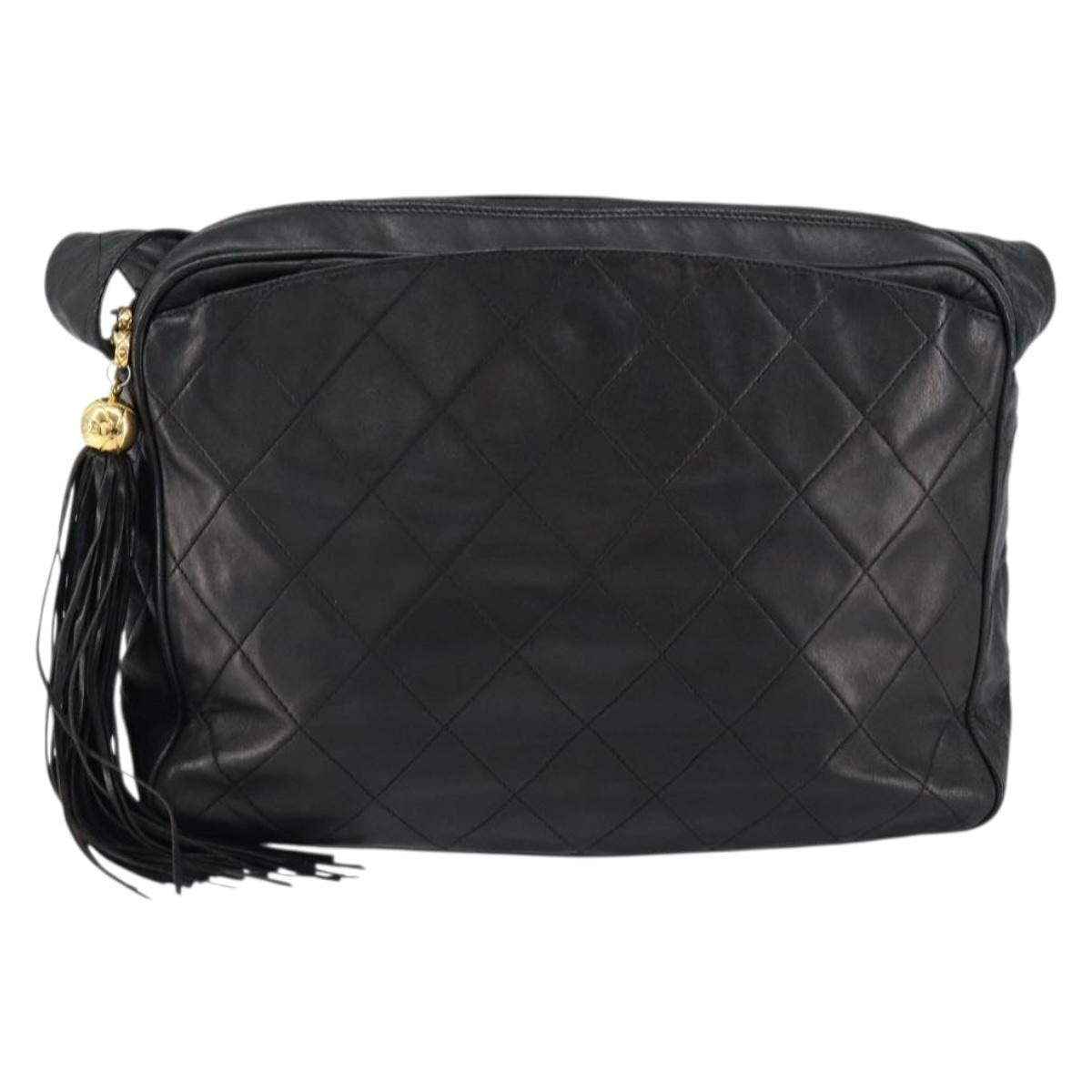 CHANEL Matelasse Shoulder Bag Lamb Skin Black Gold CC Auth yk19820