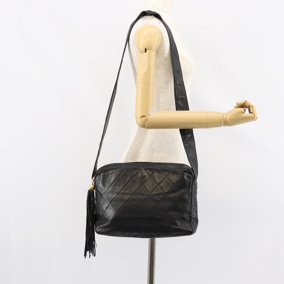 CHANEL Matelasse Shoulder Bag Lamb Skin Black Gold CC Auth yk19820