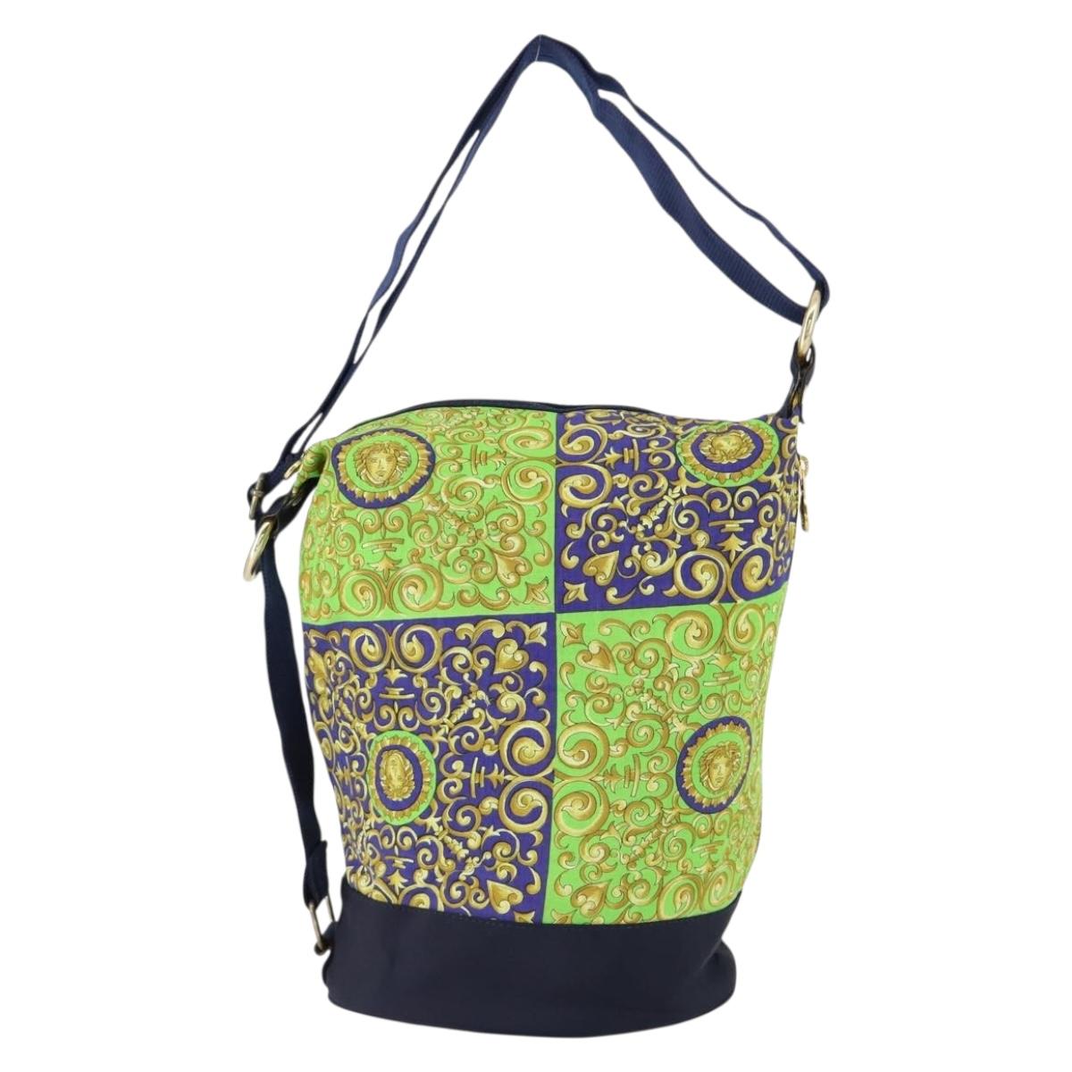 VERSACE Shoulder Bag Cotton Green Gold Auth yk19828