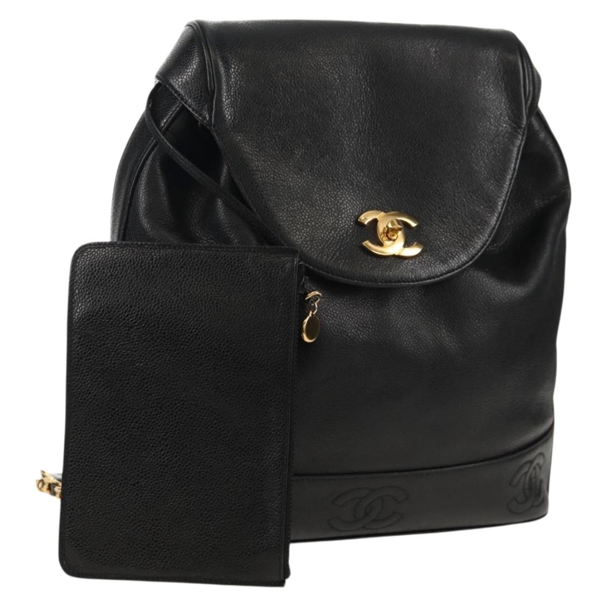 CHANEL Triple Coco Backpack Caviar Skin Black Gold CC Auth yk19848V