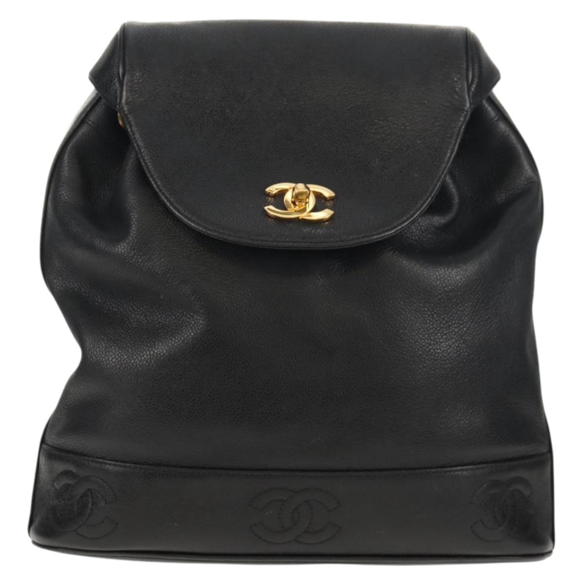 CHANEL Triple Coco Backpack Caviar Skin Black Gold CC Auth yk19848V