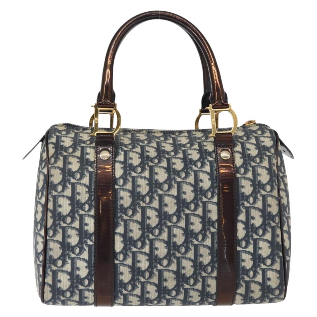 Christian Dior Trotter Canvas Boston Bag Navy Gold Auth yk19859