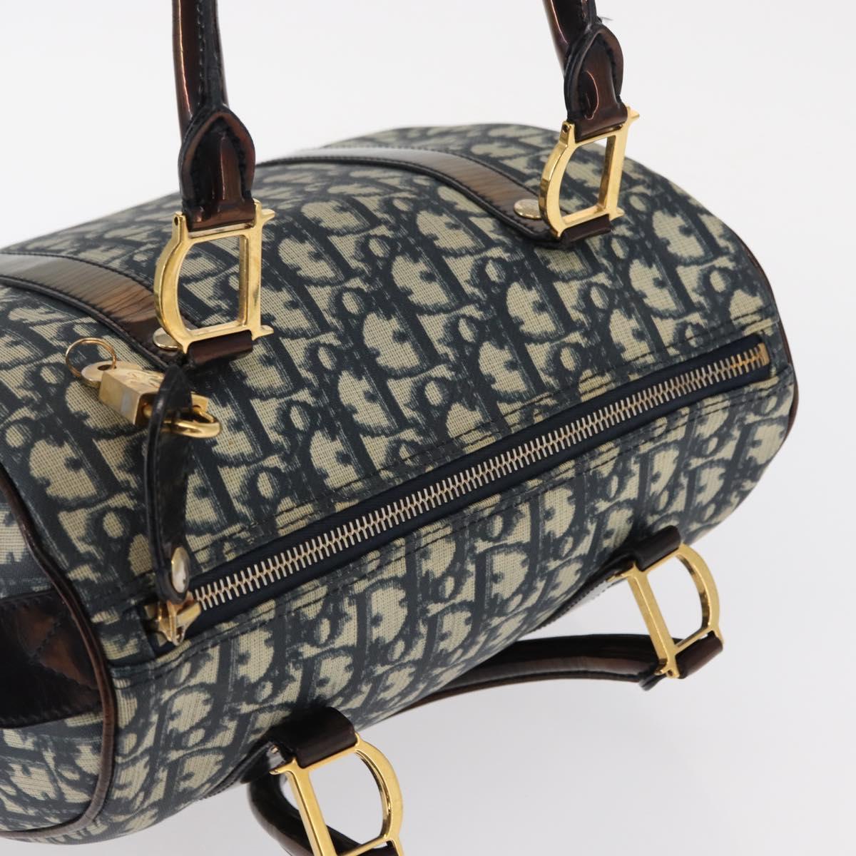 Christian Dior Trotter Canvas Boston Bag Navy Gold Auth yk19859