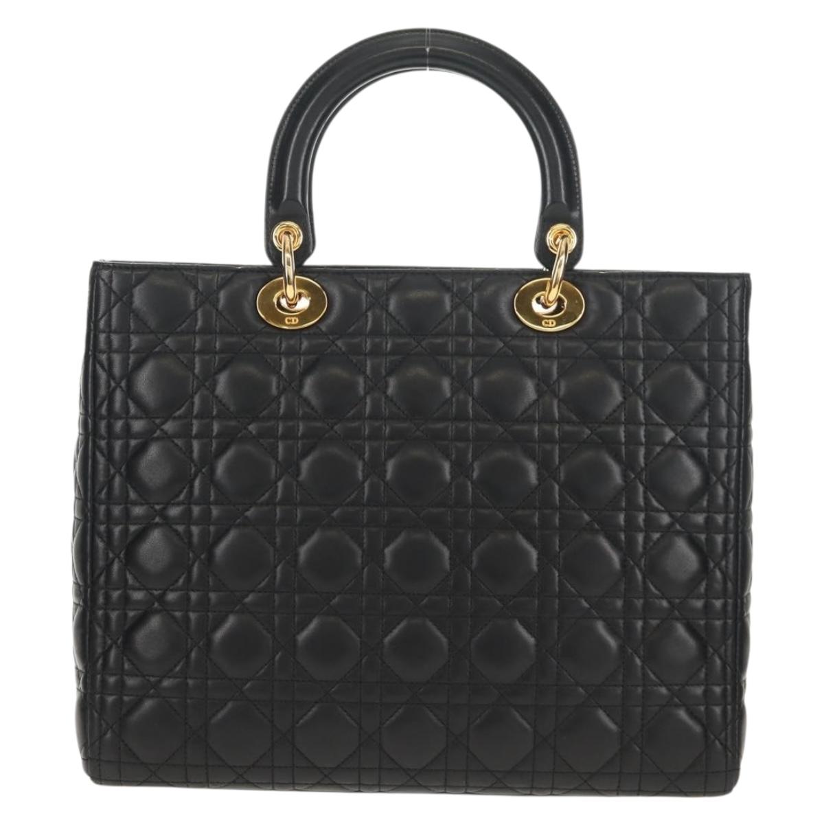 Christian Dior Canage Lady Dior Hand Bag Lamb Skin Black Gold Auth yk19860V