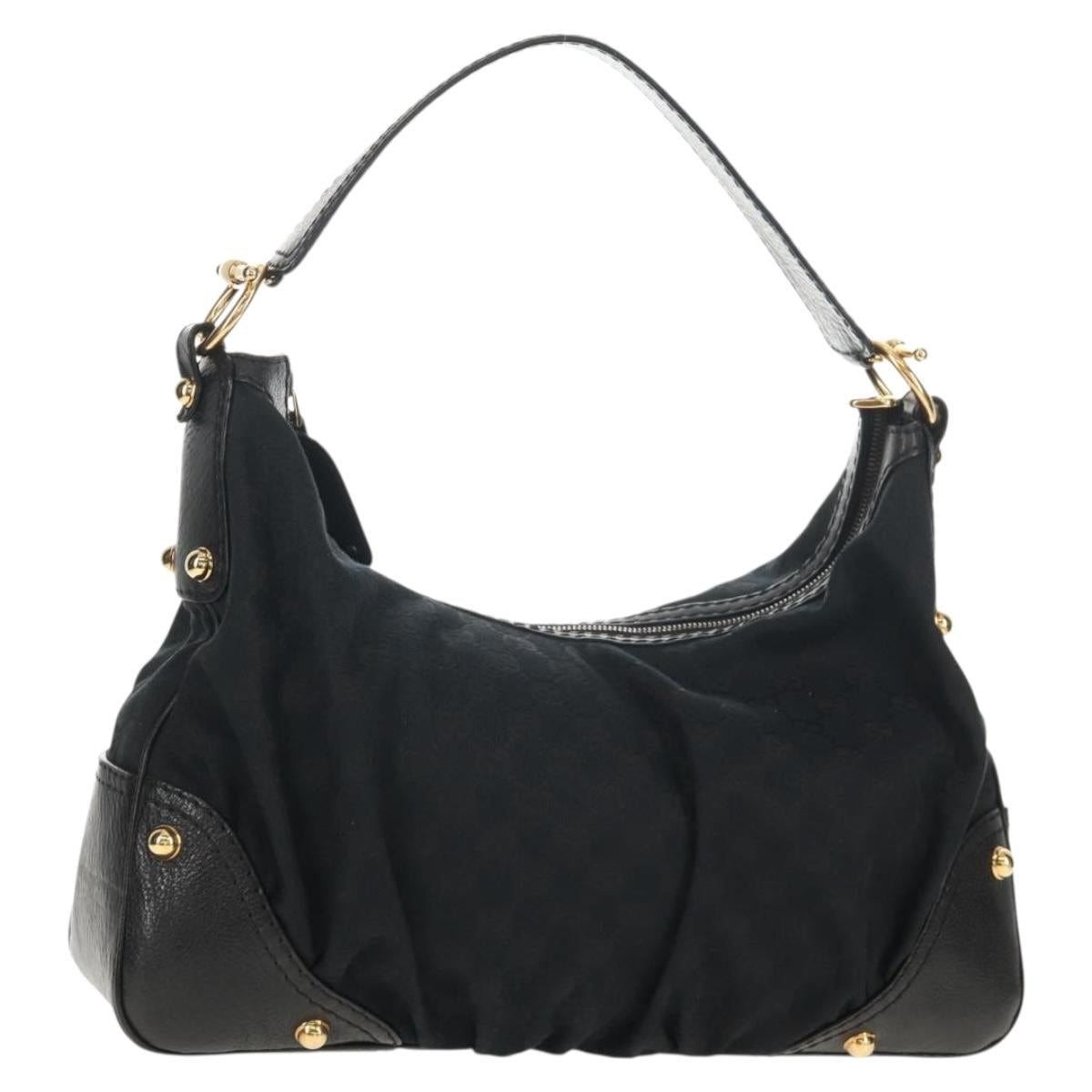 GUCCI Horsebit GG Canvas Shoulder Bag Black Gold 211966 Auth yk19873V