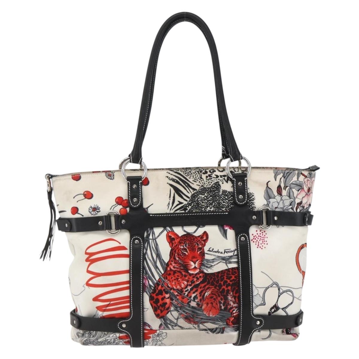 Salvatore Ferragamo Animal Pattern Tote Bag Nylon White Silver Auth yk19901