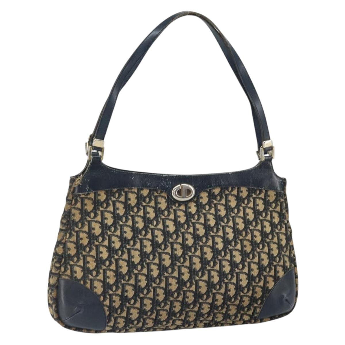 Christian Dior Trotter Canvas Shoulder Bag Navy Gold Auth yk19936