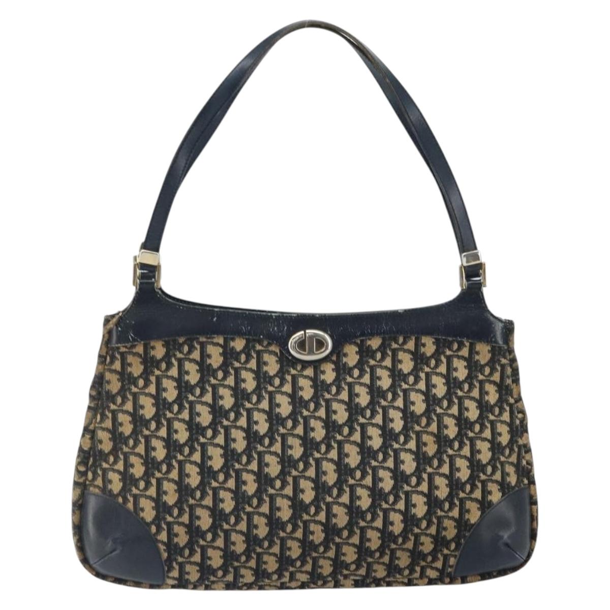 Christian Dior Trotter Canvas Shoulder Bag Navy Gold Auth yk19936