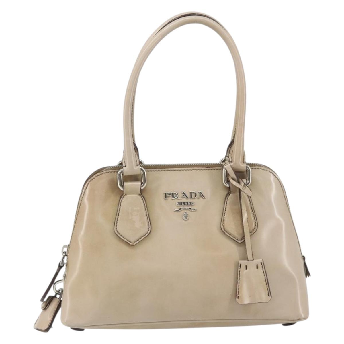 PRADA Hand Bag Patent leather Beige Silver Auth yk19956