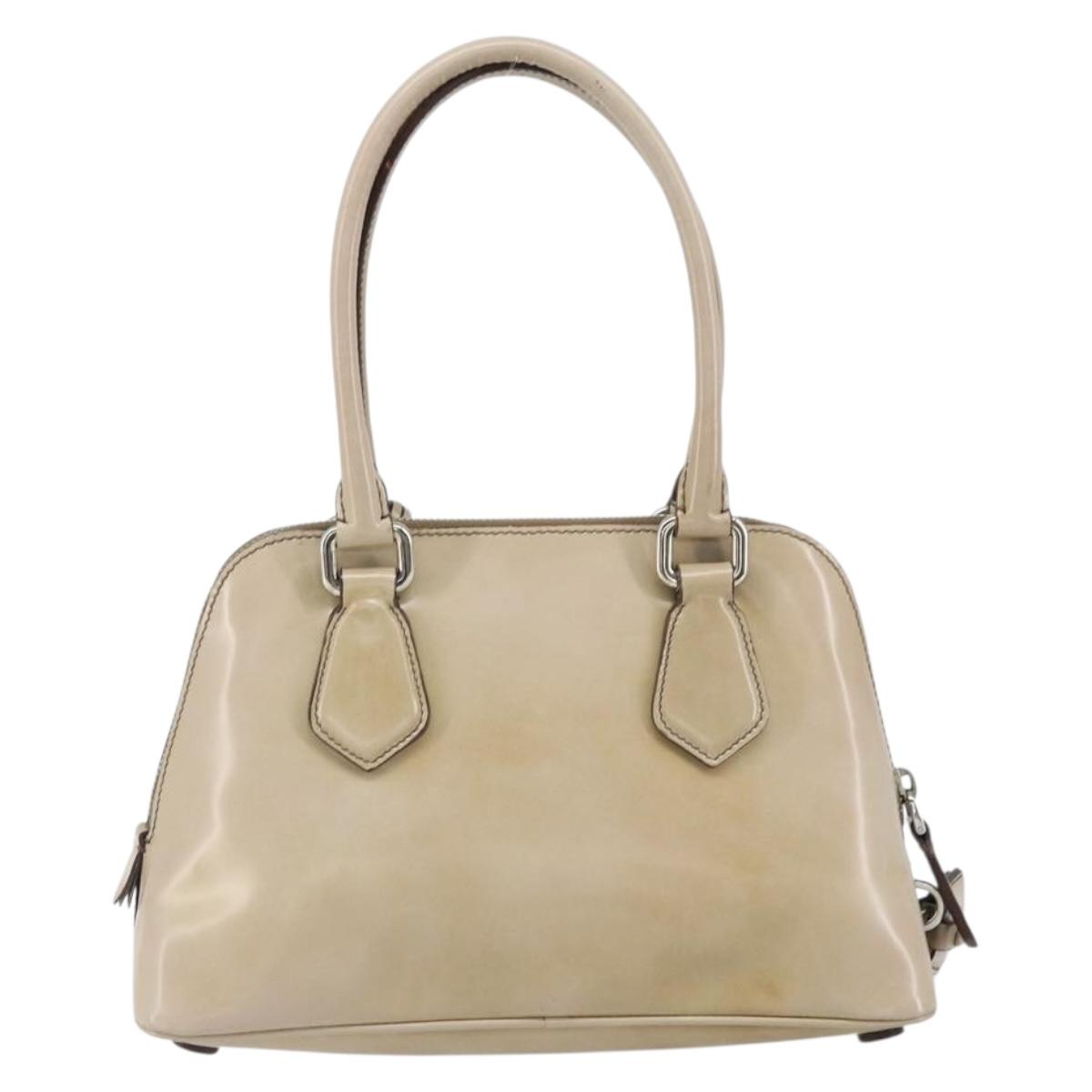 PRADA Hand Bag Patent leather Beige Silver Auth yk19956