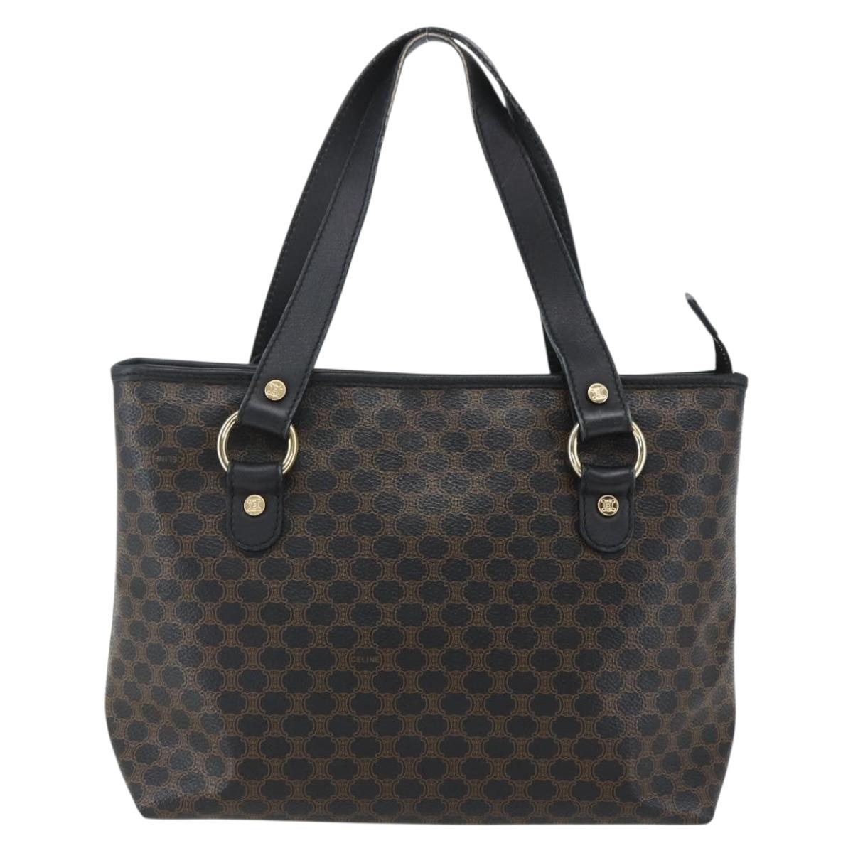 CELINE Macadam Canvas Hand Bag PVC Leather Black Gold Auth yk19981