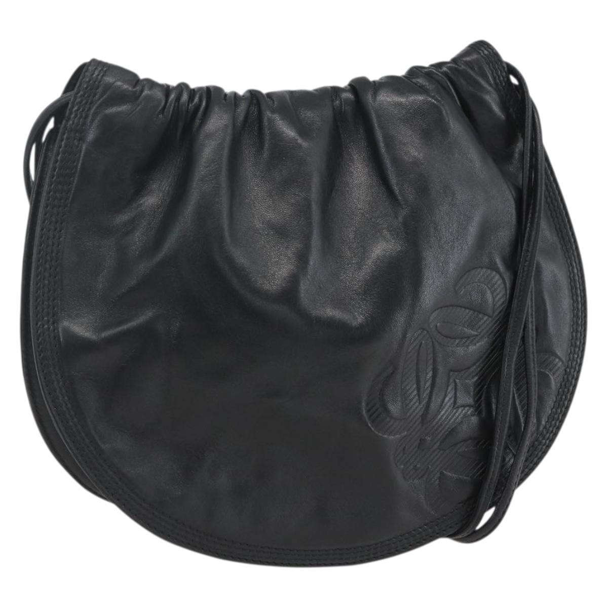 LOEWE Anagram Shoulder Bag Leather Black Gold Auth yk19995