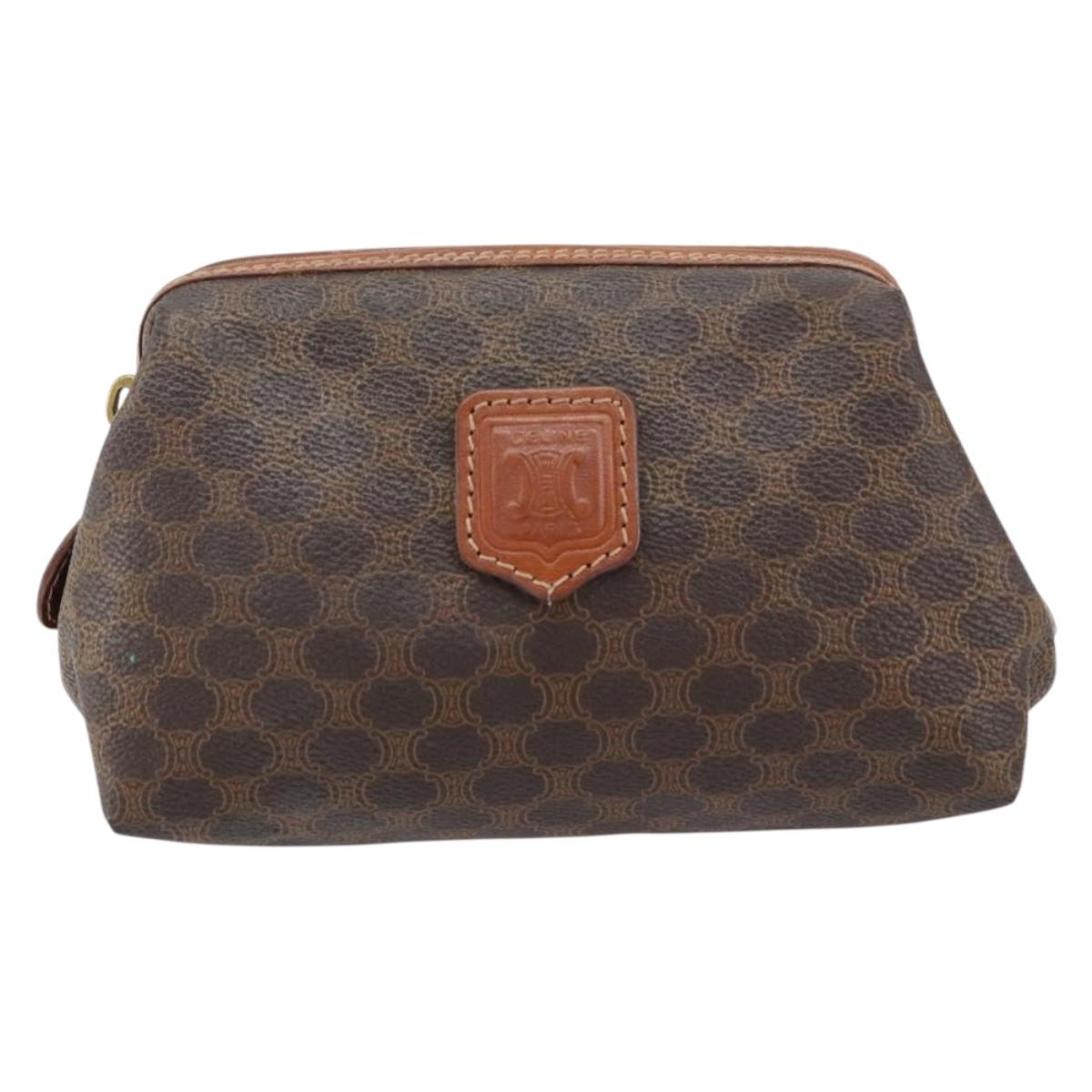 CELINE Macadam Canvas Pouch PVC Leather Brown Gold Auth yk20043
