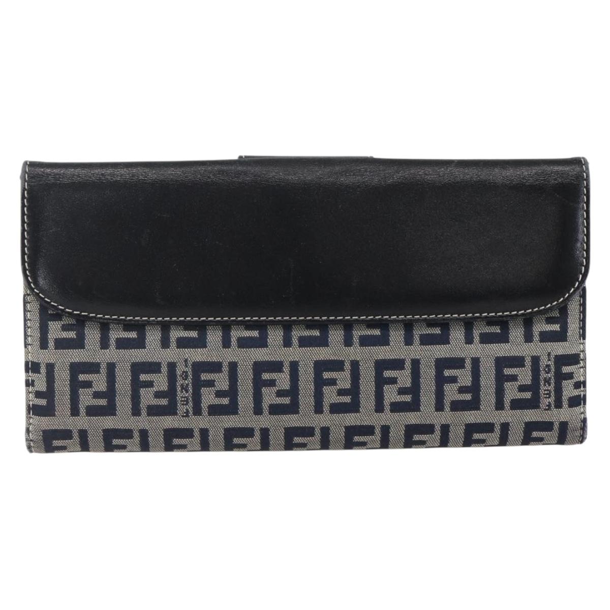 FENDI Zucchino Canvas Long Wallet Navy Silver Auth yk20081