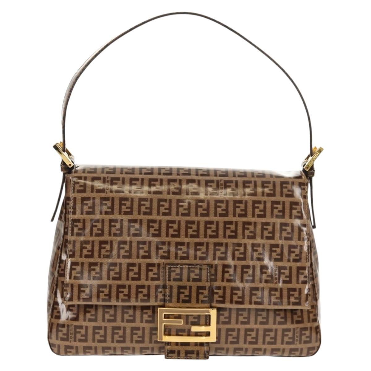 FENDI Zucchino Canvas Mamma Baguette Bag Enamel Beige Gold Auth yk20093V