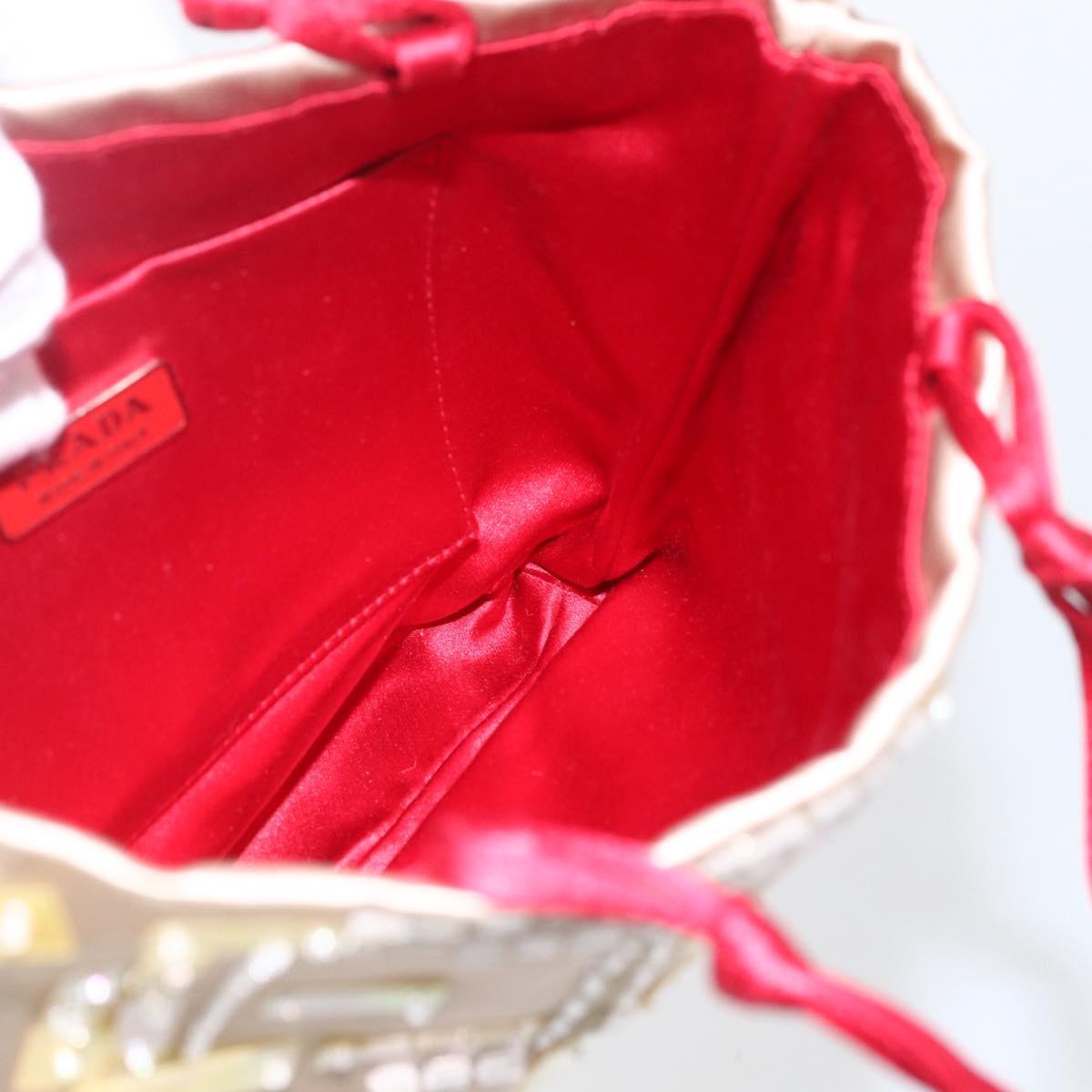 PRADA beads Hand Bag Satin Beige Red Auth yk20108V