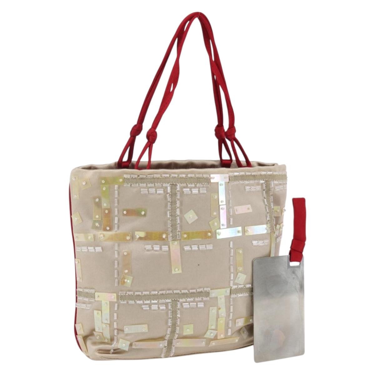 PRADA beads Hand Bag Satin Beige Red Auth yk20108V