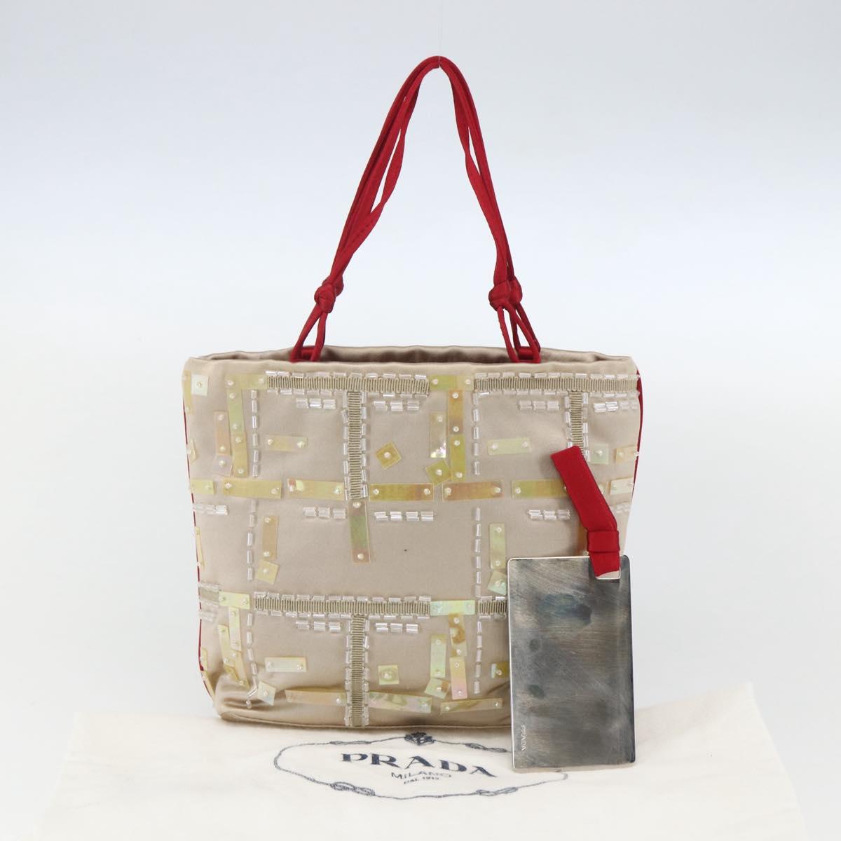 PRADA beads Hand Bag Satin Beige Red Auth yk20108V