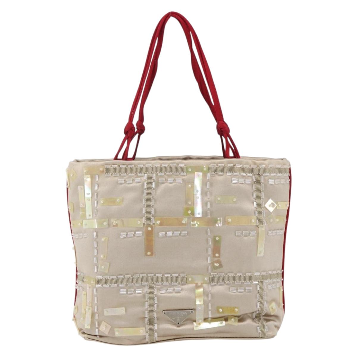 PRADA beads Hand Bag Satin Beige Red Auth yk20108V