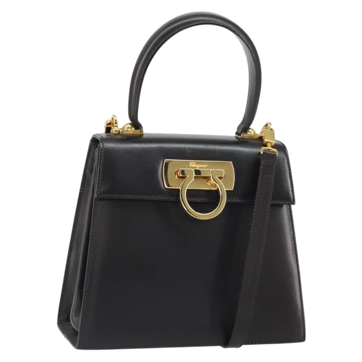 Salvatore Ferragamo Gancini Hand Bag Leather 2way Dark Brown Gold Auth yk20123
