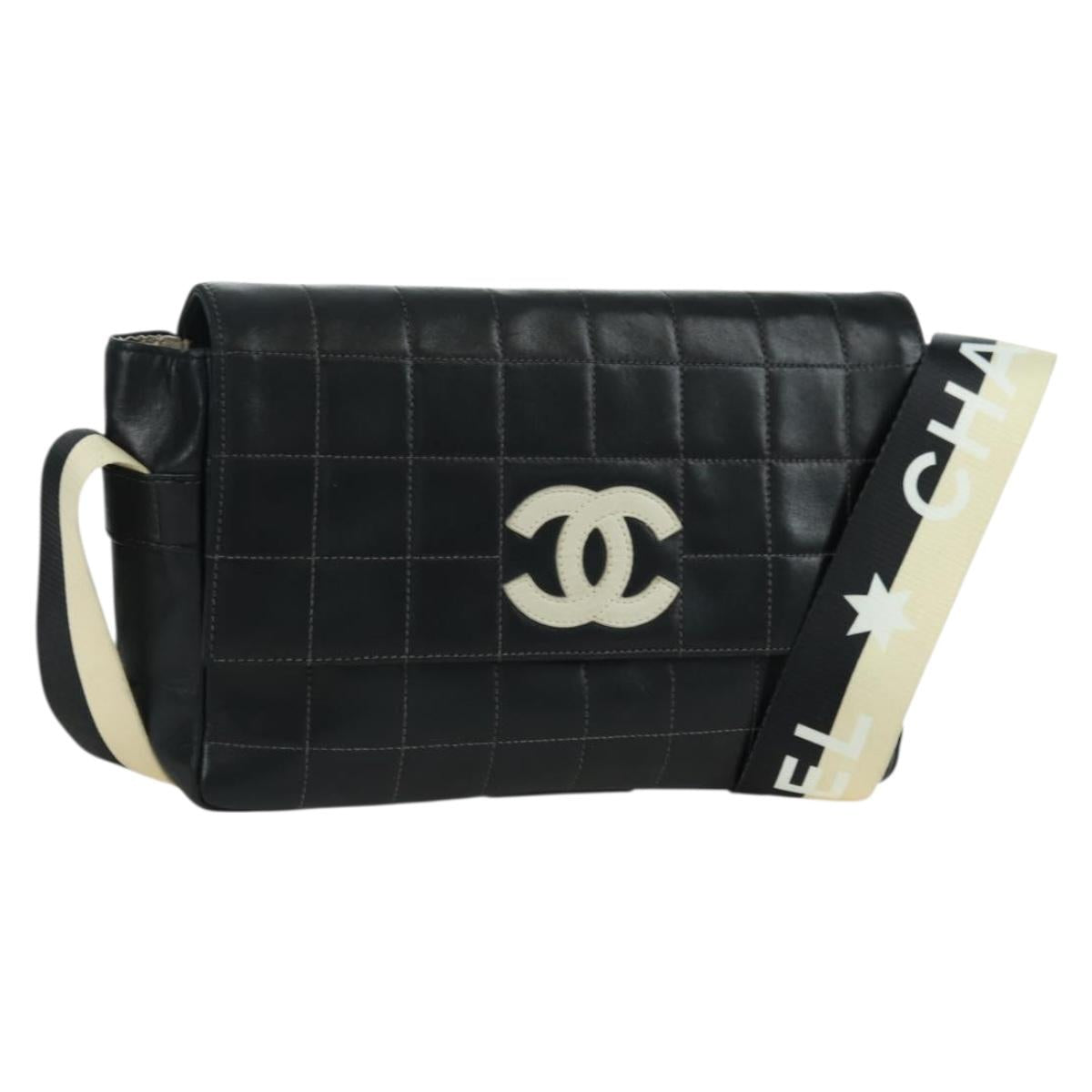 CHANEL Choco Bar Shoulder Bag Lamb Skin Black Gold CC Auth yk20209SAV