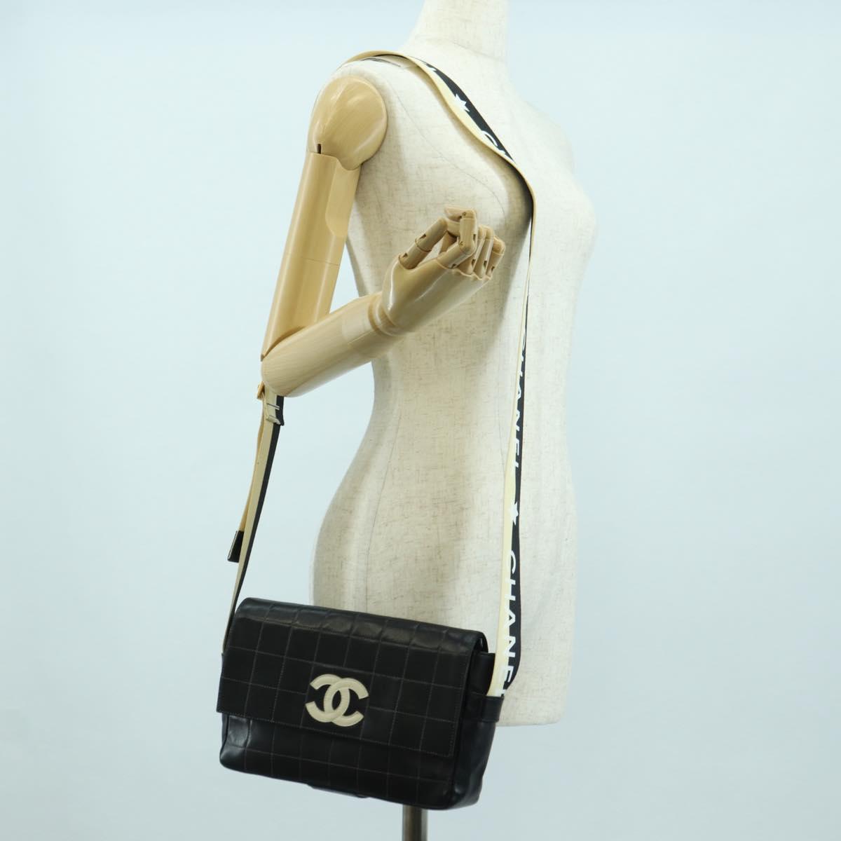 CHANEL Choco Bar Shoulder Bag Lamb Skin Black Gold CC Auth yk20209SAV