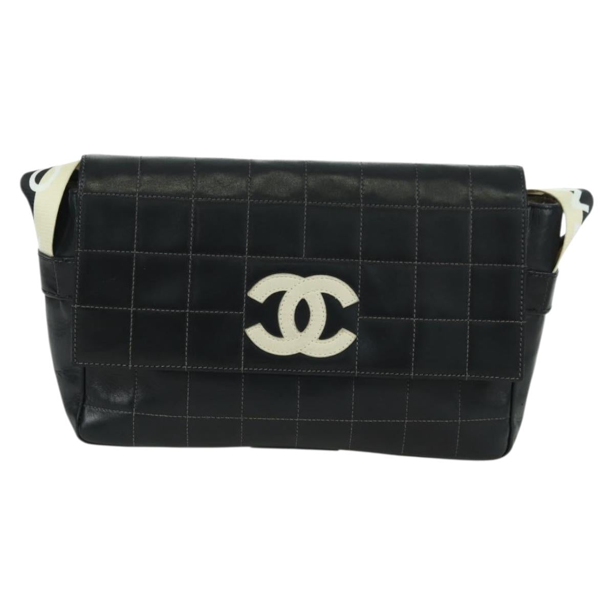 CHANEL Choco Bar Shoulder Bag Lamb Skin Black Gold CC Auth yk20209SAV