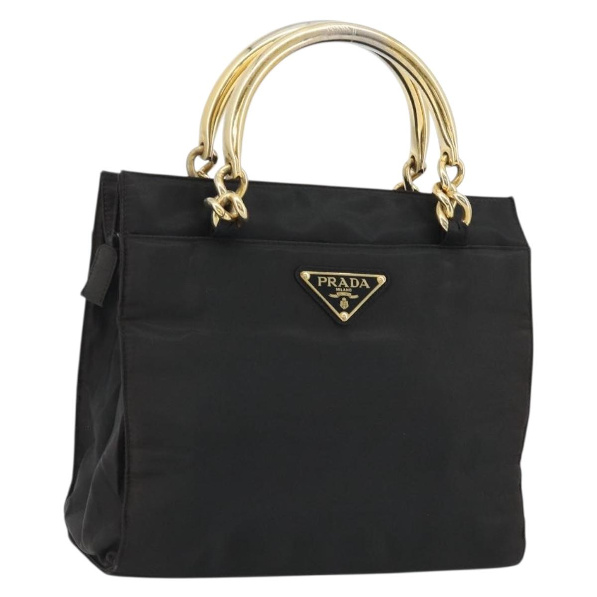 PRADA Hand Bag Nylon Black Gold Auth yk20281