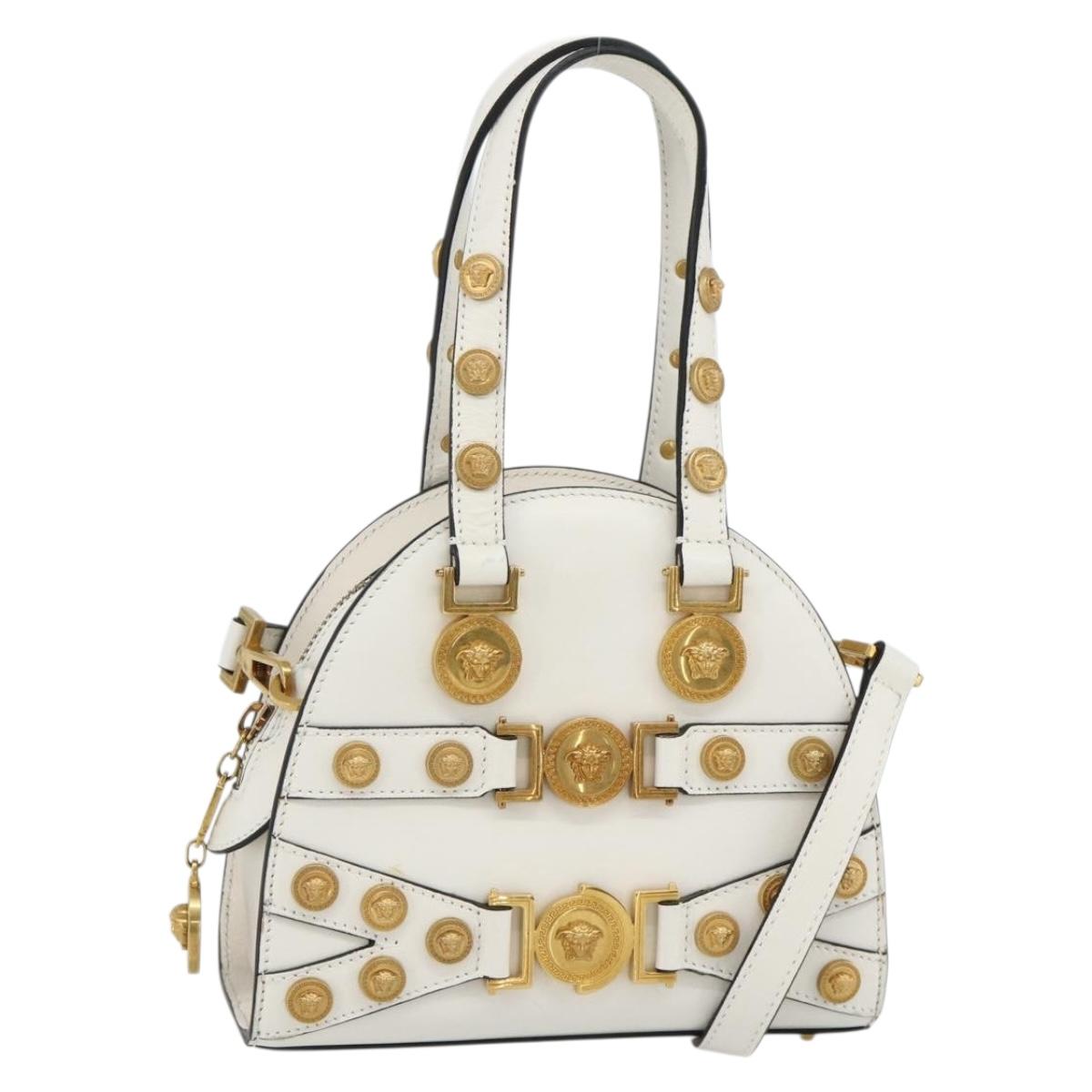 VERSACE Hand Bag Leather 2way White Gold Auth yk20316A