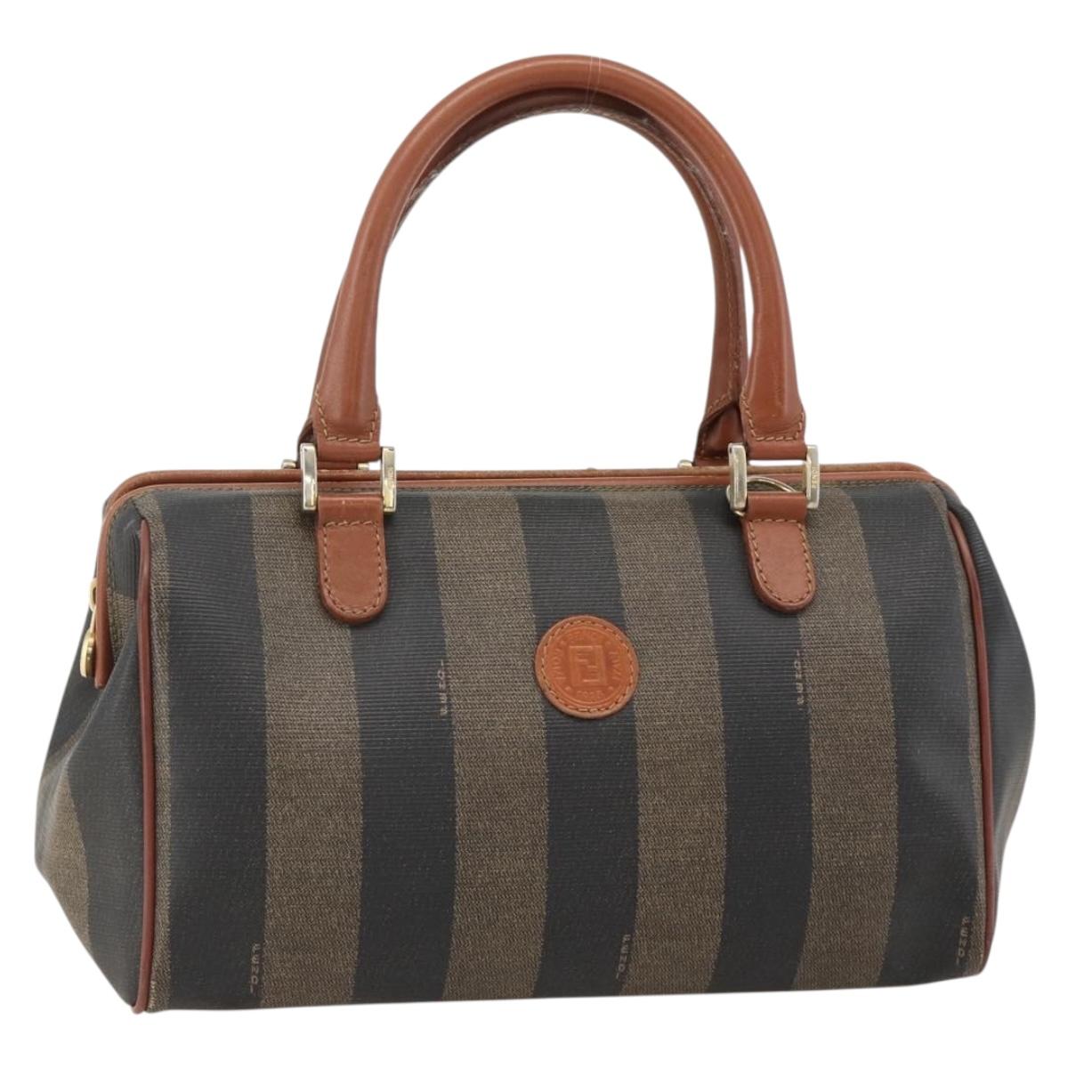 FENDI Pecan Canvas Hand Bag PVC Black Brown Auth yk20326
