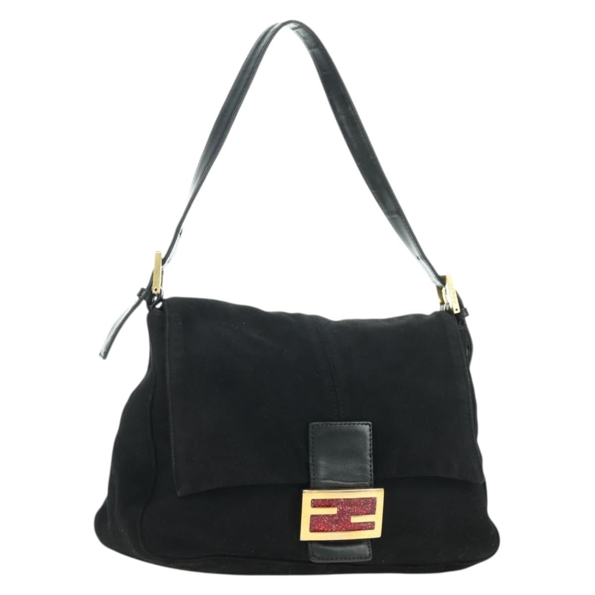 FENDI Mamma Baguette Shoulder Bag Suede Black Gold Auth yk20351SAM
