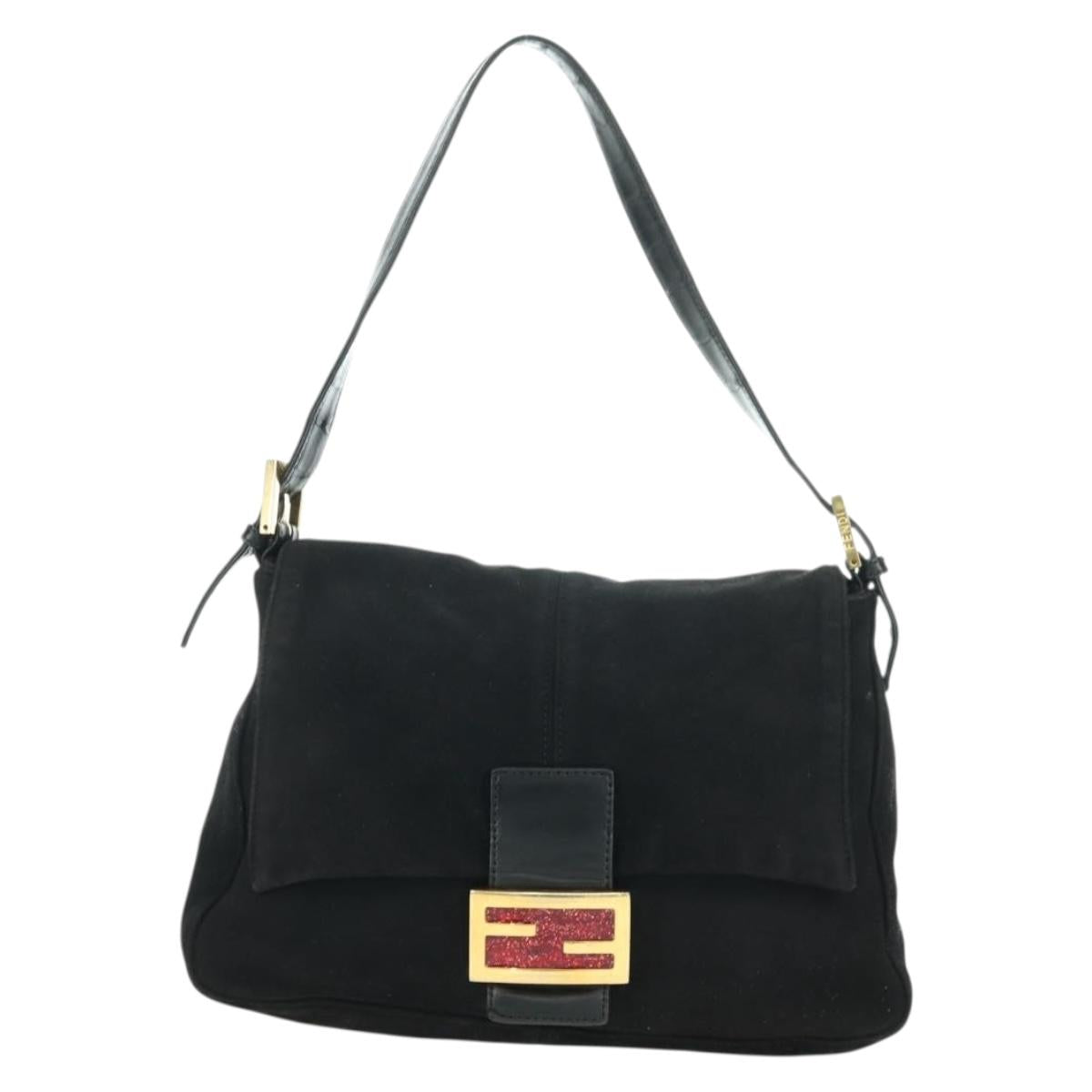 FENDI Mamma Baguette Shoulder Bag Suede Black Gold Auth yk20351SAM