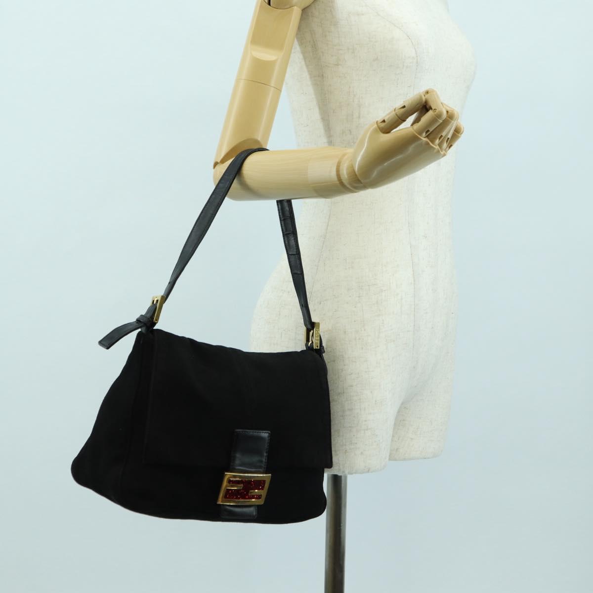 FENDI Mamma Baguette Shoulder Bag Suede Black Gold Auth yk20351SAM