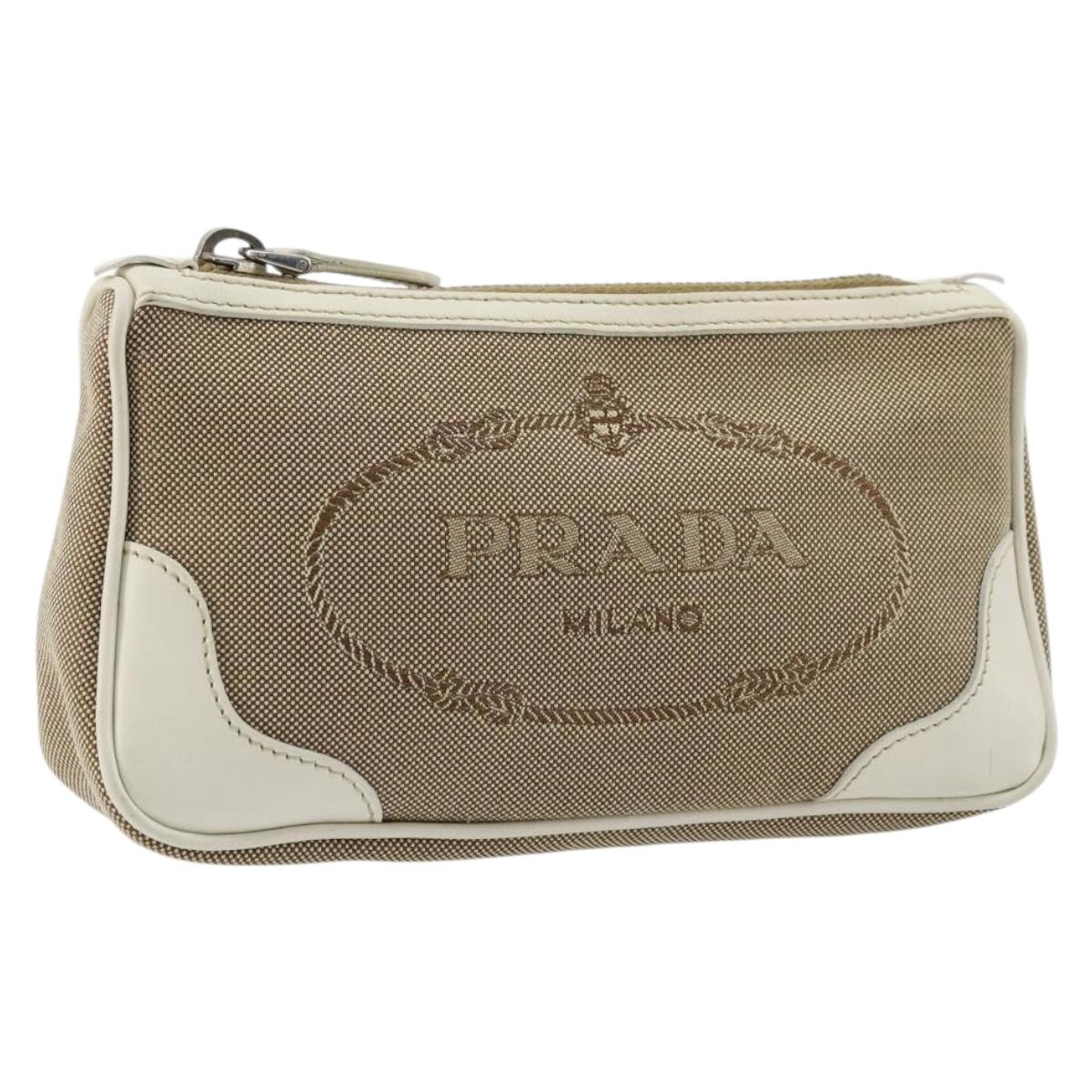 PRADA Pouch Canvas Beige Silver Auth yk20353A