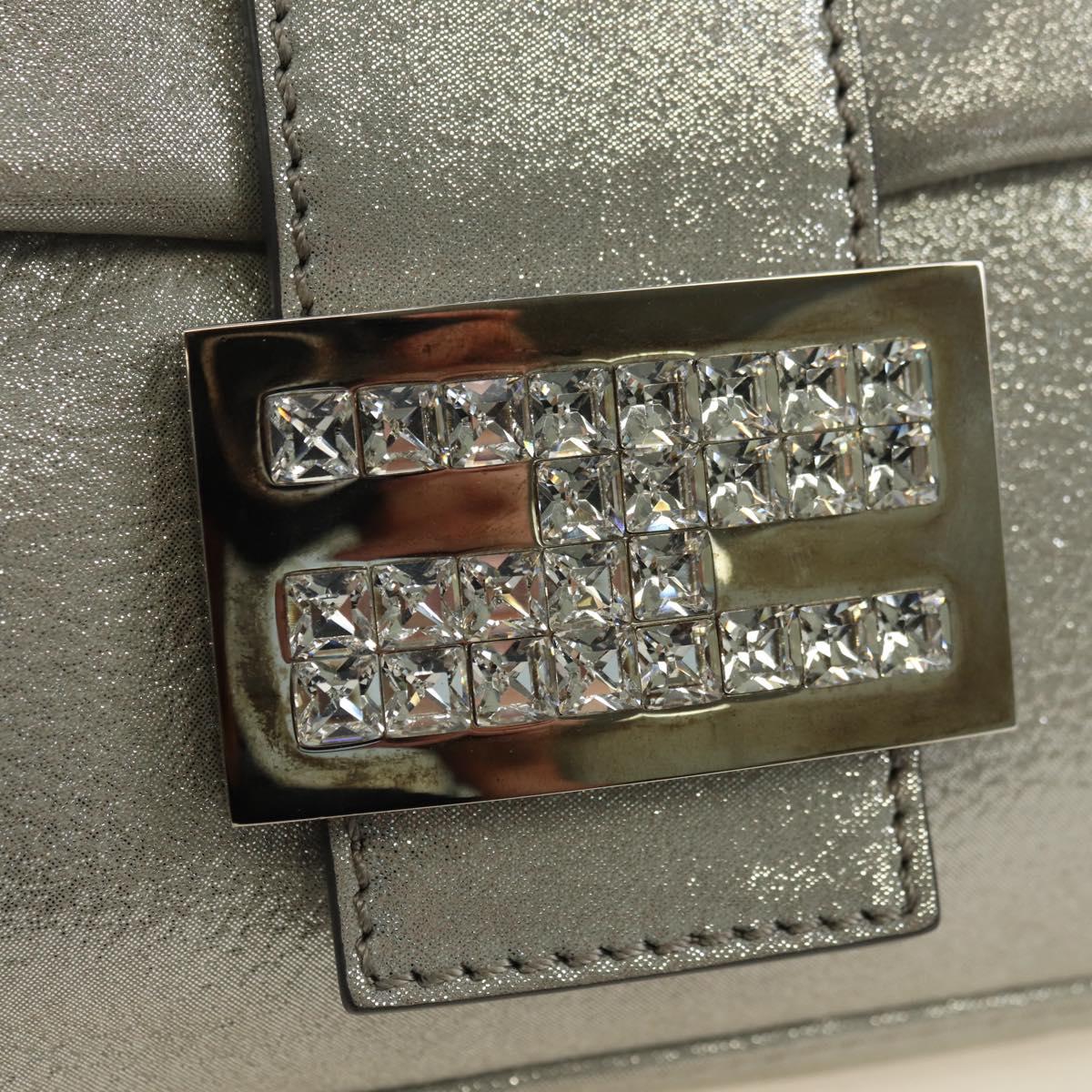 FENDI Rhinestone Mamma Baguette Shoulder Bag Leather Silver Auth yk20386SM