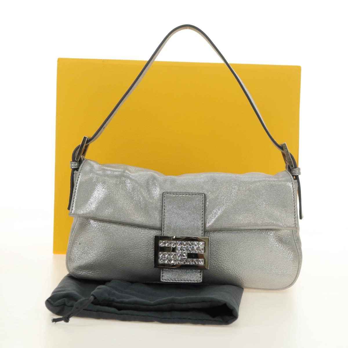FENDI Rhinestone Mamma Baguette Shoulder Bag Leather Silver Auth yk20386SM