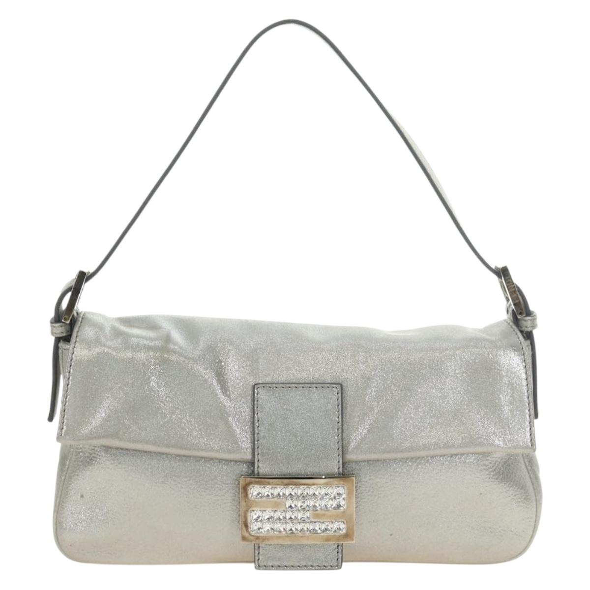 FENDI Rhinestone Mamma Baguette Shoulder Bag Leather Silver Auth yk20386SM