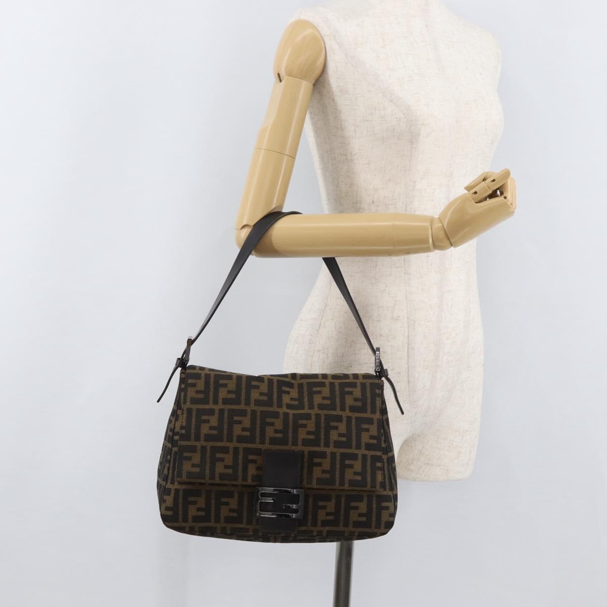 FENDI Zucca Canvas Mamma Baguette Shoulder Bag Black Brown Auth yk20443SAM