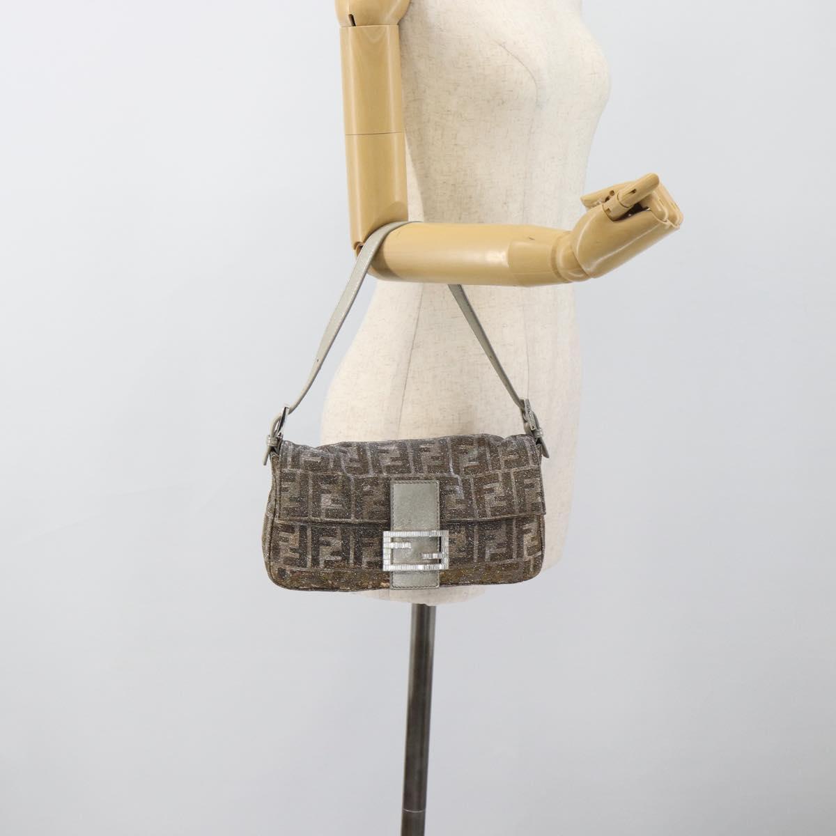 FENDI Zucca Canvas Rhinestone Mamma Baguette Shoulder Bag Silver Auth yk20474SM