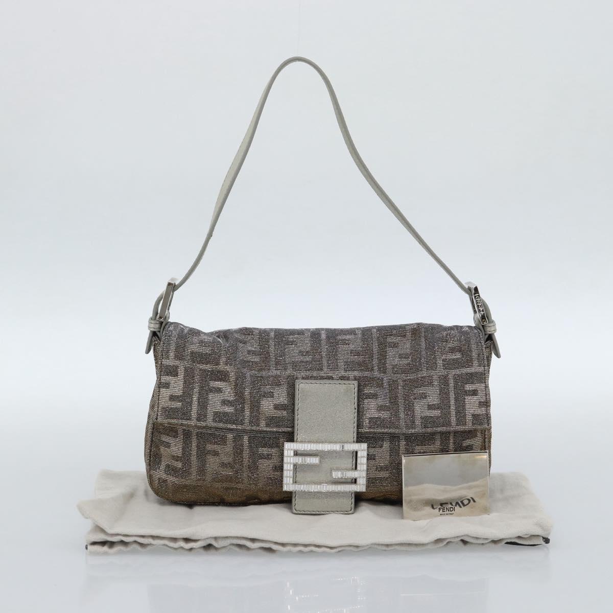 FENDI Zucca Canvas Rhinestone Mamma Baguette Shoulder Bag Silver Auth yk20474SM