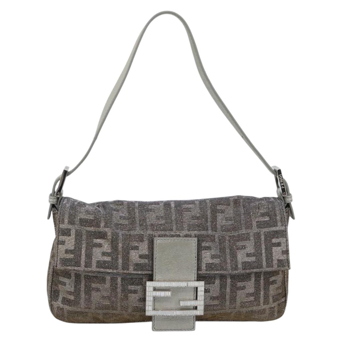 FENDI Zucca Canvas Rhinestone Mamma Baguette Shoulder Bag Silver Auth yk20474SM