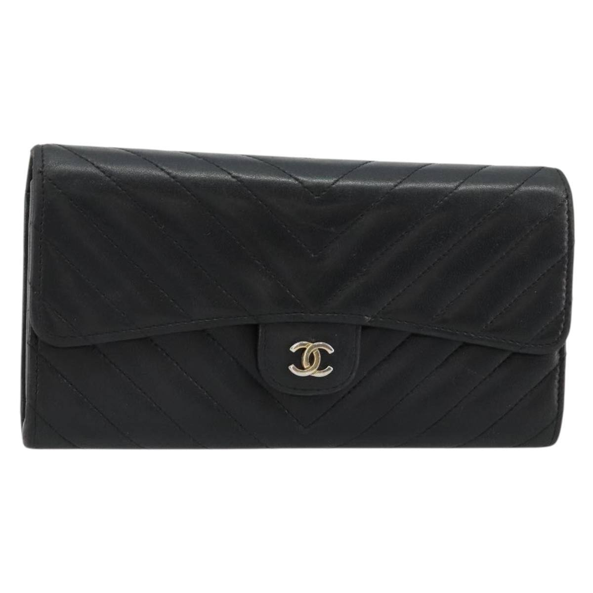 CHANEL V Stitch Long Wallet Lamb Skin Black Gold CC Auth yk20483