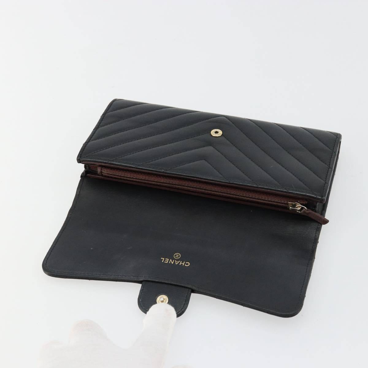 CHANEL V Stitch Long Wallet Lamb Skin Black Gold CC Auth yk20483