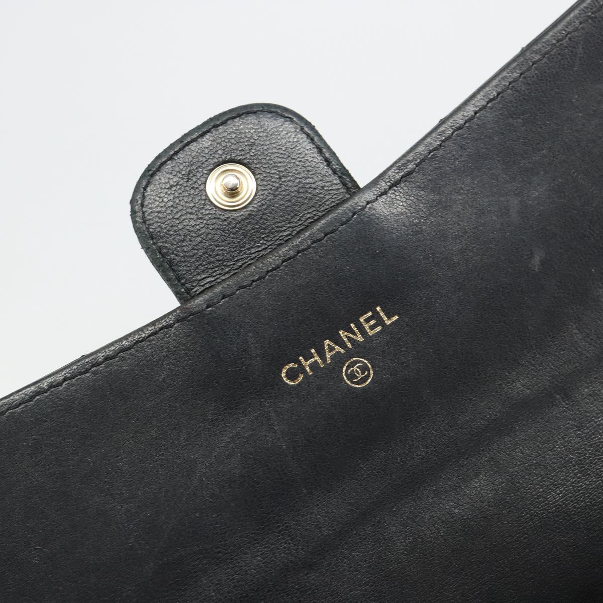 CHANEL V Stitch Long Wallet Lamb Skin Black Gold CC Auth yk20483