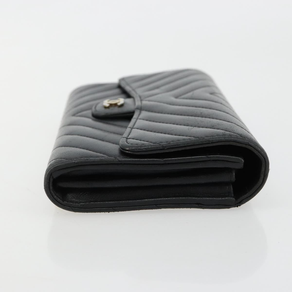 CHANEL V Stitch Long Wallet Lamb Skin Black Gold CC Auth yk20483